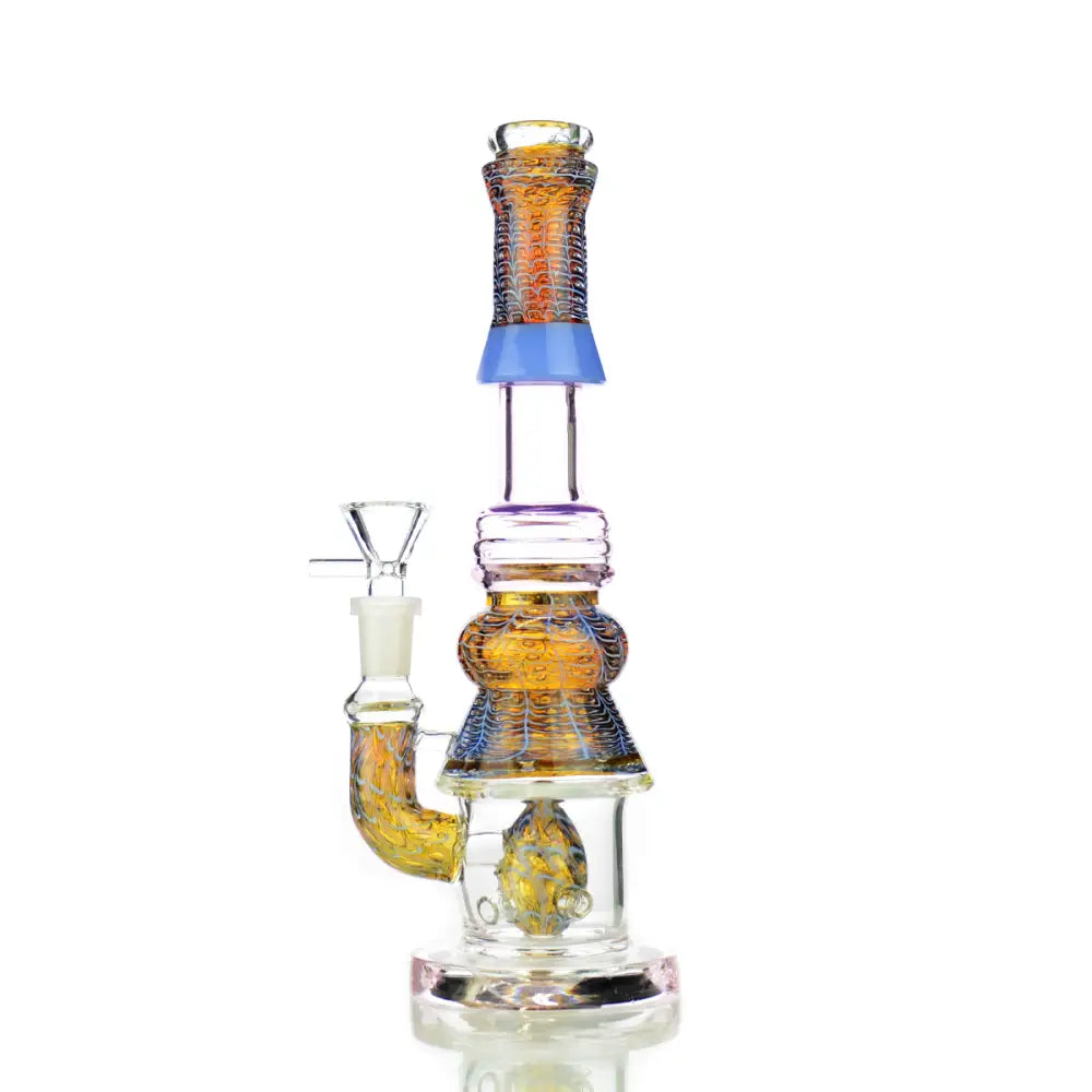 10" Water Pipe Bubble Trap Art with M9 Perc and 14mm Male Bowl - Gold Fume Glass