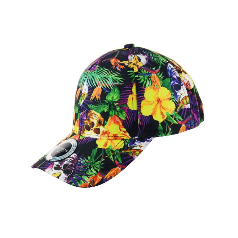 Skull Flowers Print Baseball Hat Snapback