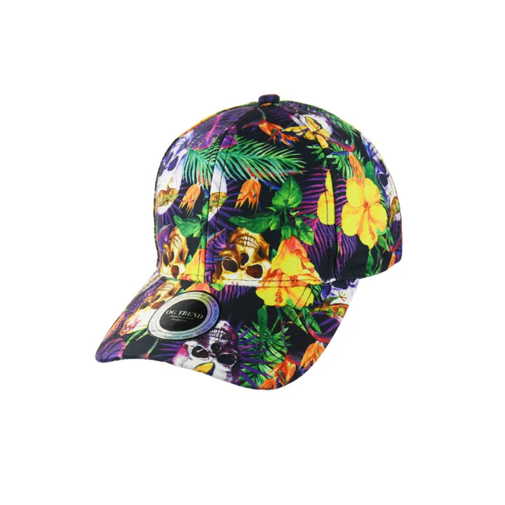 Skull Flowers Print Baseball Hat Snapback